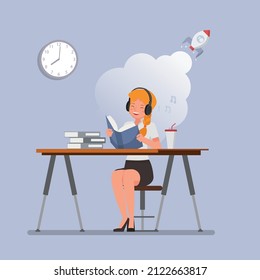 Business woman reading book and thinking sitting on her desk in office. Business inspiring concept. people character vector design.