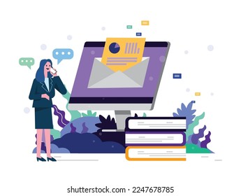 Business woman reading email and calling phone. Business communication concept. Flat illustration vector design