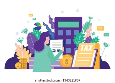 Business woman reading tax document to audit financial  data. Tax financial analysis, 
tax online, accounting service concept. Flat design. Vector illustration.