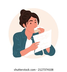 Business woman reads documents and bites a sandwich. Working hours and a quick snack. Flat illustration of working moment.