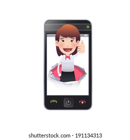Business woman with realistic phone over white background