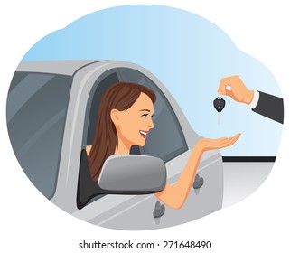 Business woman receiving key of her new car from dealer hand