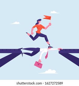 Business Woman with Red Flag in hands Overcome Broken Bridge Going by Back of Businessman Opponent. Challenge, Social Climber, Careerist Reach Goal Walk over Heads. Cartoon Flat Vector Illustration