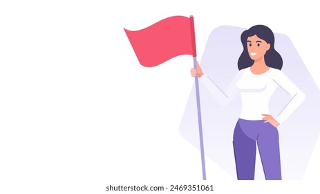 Mujer de negocios con el liderazgo de la bandera roja gana la ilustración plana del Vector de la Plantilla del diseño del Anuncio de la victoria. Caricatura femenina personaje logro aspiraciones de carrera éxito mejor gol triunfo ganador