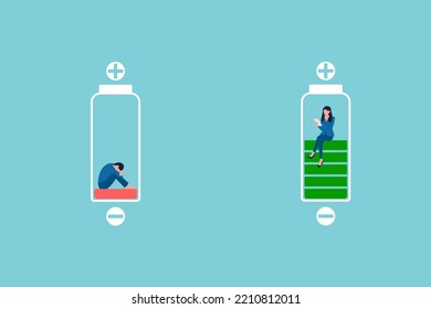 Business woman with red low battery and business woman with green full level. Charge indicator pictogram. Happy and unhappy, Energetic, tired or exhausted symbol