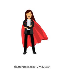 Business woman with red superhero cloak standing with arms crossed. Cartoon female character in black pant suit. Leadership and achievement. Flat vector design