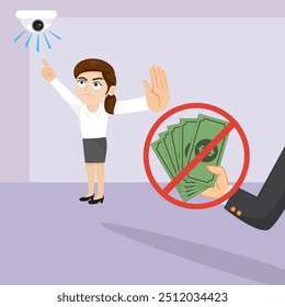Empresária se recusa a dar dinheiro à corrupção. Dia anticorrupção plano. Plano, Vetor, Ilustração, Desenho Animado, EPS10.   