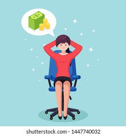 Business woman is relaxing and dreaming about stack of money, currency at office chair. Finance, investment, wealth. Rich employee. Vector cartoon design