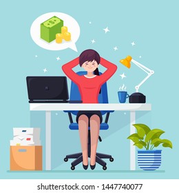 Business woman is relaxing and dreaming about stack of money, currency at office chair. Finance, investment, wealth. Workplace with laptop, lamp, paper, documents. Vector cartoon design