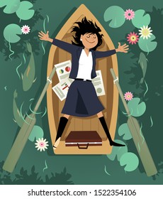 Business woman relaxing in a rowboat, taking a break from work, EPS 8 vector illustration