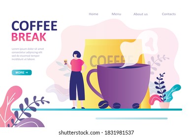 La mujer de negocios descansa y bebe café al descanso. Empleado relajándose a la hora del almuerzo. Grandes tazas de café. Carácter femenino con taza desechable. Plantilla de página de inicio. Ilustración vectorial plana de moda