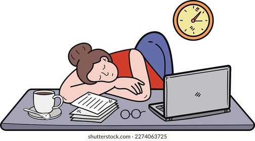 business woman resting on the desk illustration in doodle style isolated on background
