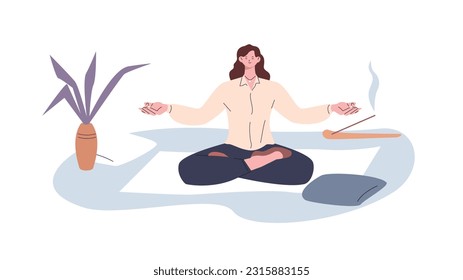 Business woman restores balance, meditating on lunch or evening. Wellbeing, yoga and relax. Character save mental resource vector scene