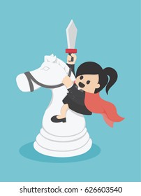 Business Woman Riding A Chess White Horse Vector, Illustration, Flat