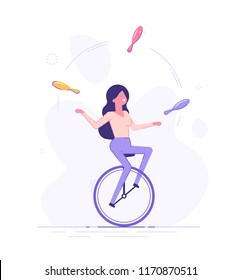 A Business Woman Is Riding On Unicycle And Juggling Different Tasks. Multitasking Concept. Flat Vector Illustration.