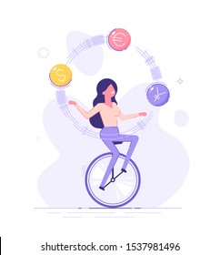 A business woman is riding on unicycle and juggling different currency signs. Currency exchange service and trading concept. Flat vector illustration.
