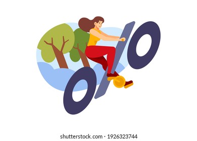 Business woman riding percentage cycle. Flat illustration isolated on white background.