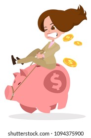 Business woman riding the piggy bank. Financially disciplined concept illustration.