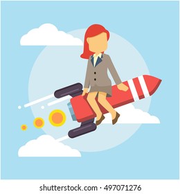 Business Woman Riding Rocket