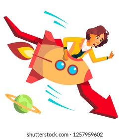 Business Woman Riding A Rocket Falls Down On Background Of Falling Red Arrow Vector. Illustration
