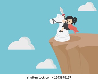 Business Woman Riding A White Horse On A Steep Cliff.