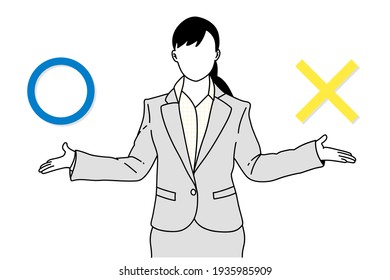 Business woman right and wrong hand draw style vector flatline design illustration.