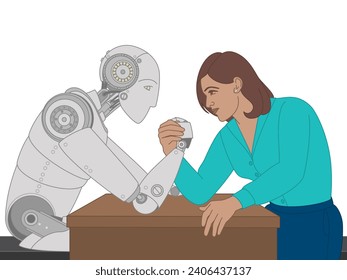 mujer de negocios y robot, lucha de brazos sobre el escritorio, aislado en un fondo blanco