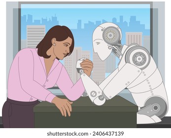 mujer de negocios y robot, lucha de brazos en el escritorio, ventana de oficina que muestra el horizonte de la ciudad con edificios en el fondo