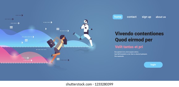 business woman and robot competing run to finish line artificial intelligence technology competition concept flat horizontal copy space vector illustration