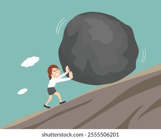 Business woman rolling huge stone ball up hill. Worker hard working. Flat, Vector, Illustration, Cartoon, EPS10.   