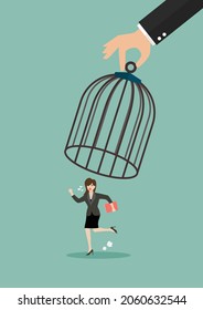 Business woman run away from big birdcage. Business concept. Vector illustration