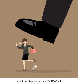 Business woman run away from stomping foot. Business concept