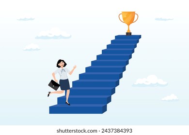 Business woman run fast climb up stair to reach winning trophy, woman success, step to achieve career success, motivation to grow career path, growth, climb up stair to reach goal, ambition (Vector)