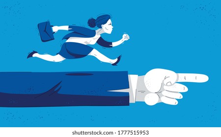 Business woman run and hurry on pointing boss hand symbolizes career motivation vector illustration, funny comic cute cartoon worker or employee in a rush to success.