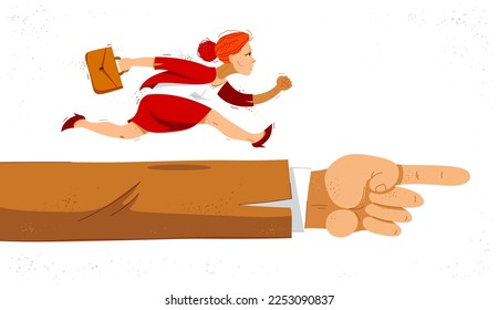 Business woman run and hurry on pointing boss hand symbolizes career motivation vector illustration, funny comic cute cartoon worker or employee in a rush to success.