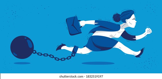 Business woman run with a shackles and weight on her leg symbolizes problems such as debt crisis or taxes vector illustration, funny comic cute cartoon businesswoman worker or employee in a rush.