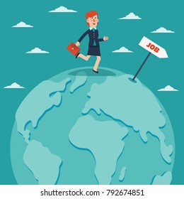 Business woman running around the world