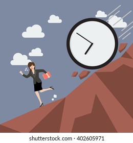 Business woman running away from clock attack. Business concept