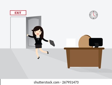 Business woman running exit door sign he get off work at five.