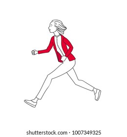 Business woman running fast. Businesswoman trying to catch on time. Line style vector illustration isolated on white background. 
