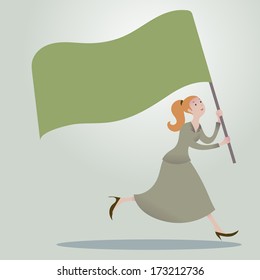 Business woman running forward with waving flags.