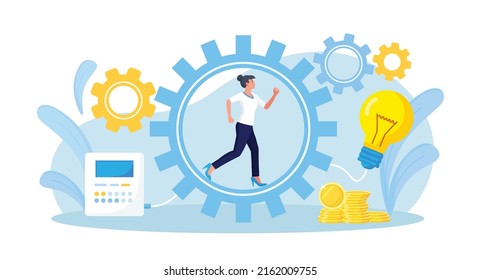 Business woman running in gear wheels, generate creative business idea. Employee inside cogwheel in hurry develop innovation or startup. Leader reach goal, power of motivation. Hard work and success