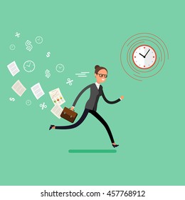 Business woman running and hurry up. Flat design, vector illustration