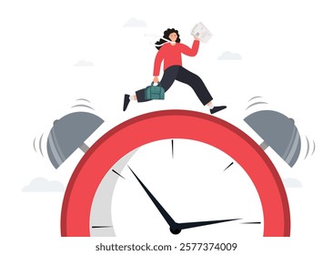 Business woman running late for work, stressed woman rushing to meeting woman with briefcase running against the clock, time management concept? flat vector illustration