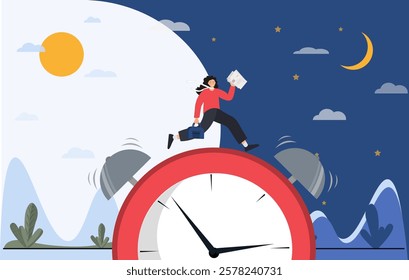 Business woman running late for work, stressed woman rushing to meeting, woman with briefcase running against the clock, time management concept, day and night concept, flat vector illustration