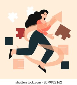 Business woman running. Metaphor of successful employee, motivation, selfdevelopment, leadership. Purposeful person, completing tasks, project development, startup. Cartoon flat vector illustration