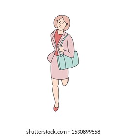 Business woman running to the office concept. Modern hand drawn vector illustration