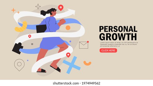 Business Woman Running On Arrow Through Obstacles To Her Goal. Business Developement, Career Success Or Growth And Opportunity, Startup Concept Banner, Landing Web Page. Creative Trendy Character.