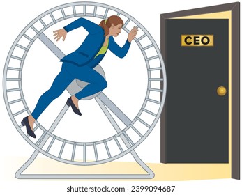 business woman running on hamster wheel to CEO door isolated on a white background