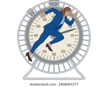 business woman running on hamster wheel against time with stopwatch isolated on a white background